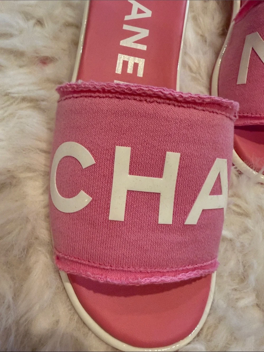 CHANEL Pink Logo Slide Sandals…